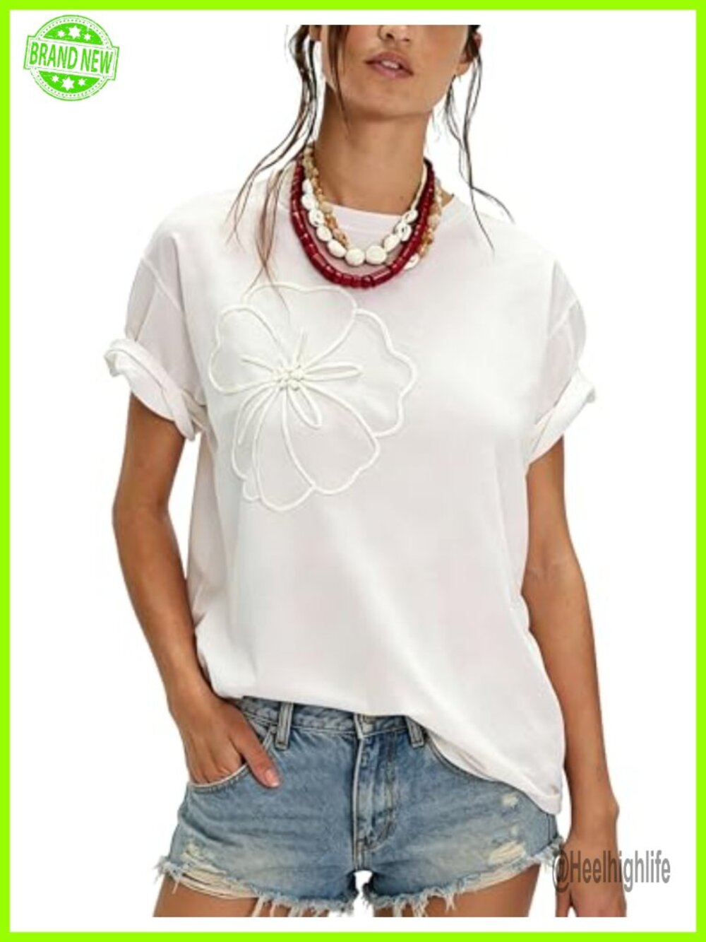Floral Embroidered Cotton Crew Neck Short Sleeve Tee Casual Summer Blouse